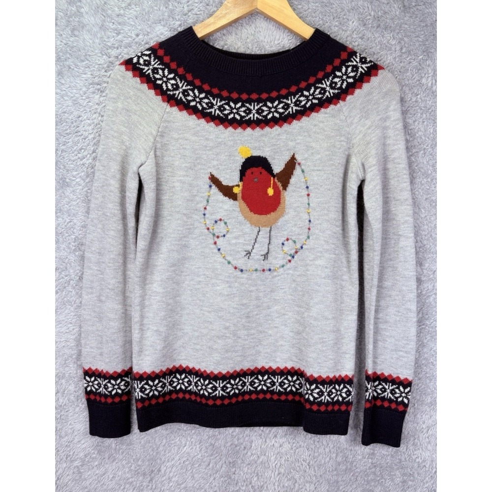 NEW Talbots Women P XS Holiday Bird Fair Isle Sweater Cotton Lambswool Christmas